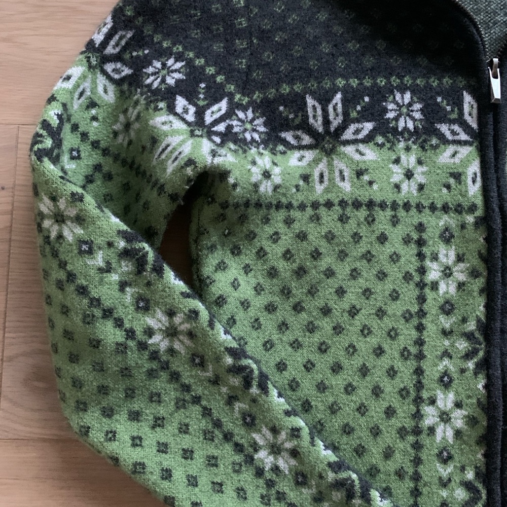 Neve Fair Isle Wool Sweater Womens S Green Black Nordic Knit Double Zip Cardigan - Picture 6 of 13